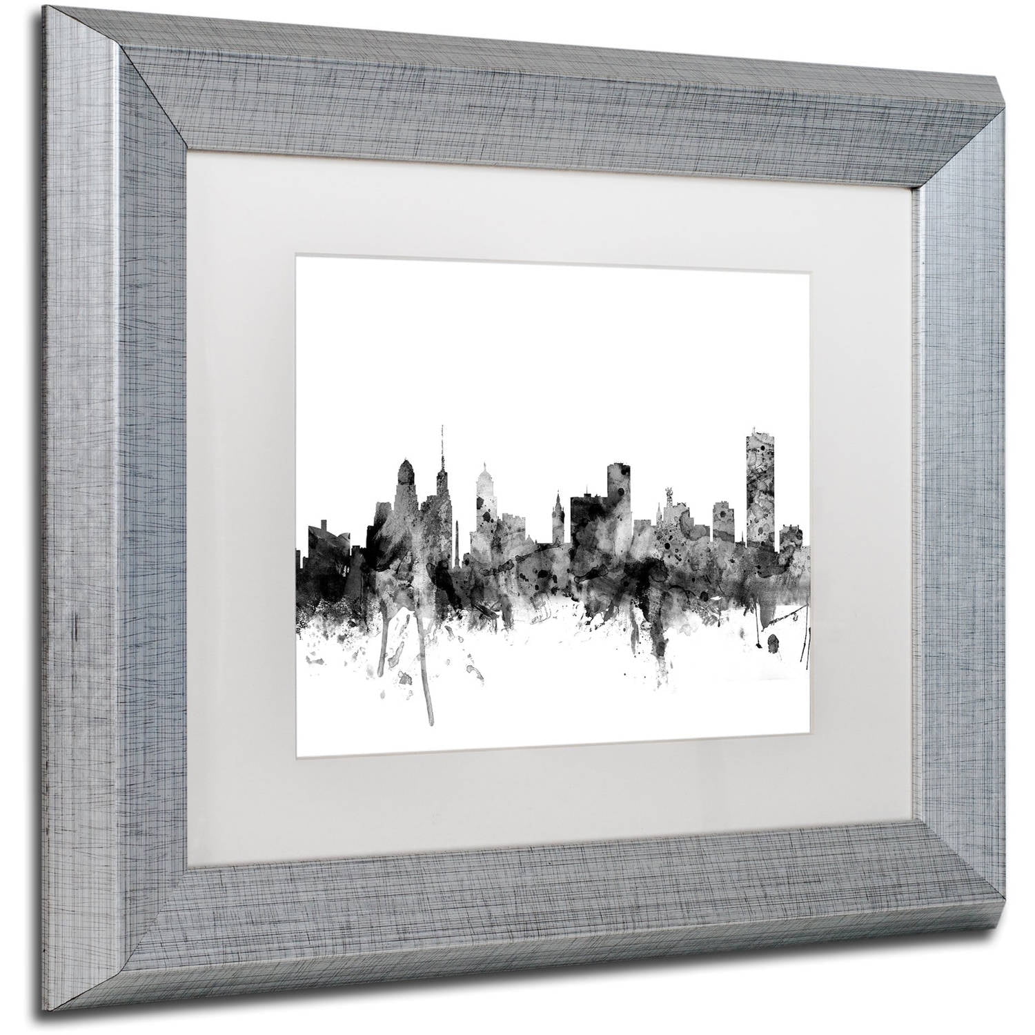 Trademark Fine Art "Buffalo New York Skyline B&W" Canvas Art by Michael Tompsett, White Matte, Silver Frame