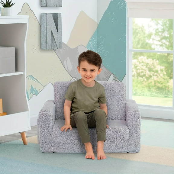 2-in-1 Convertible Sherpa Sofa to Recliner - Gray/Pink/White, Soft Plush with Storage Pocket, Cozy Folding Playroom Furniture for Boys & Girls