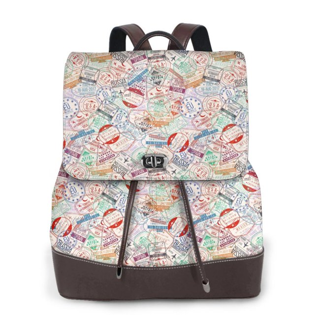 Xecao Passport Stamp Pattern Women's Leather Backpack for School, Work, Travel - Stylish PU Leather, Spacious Design, Zipper Closure