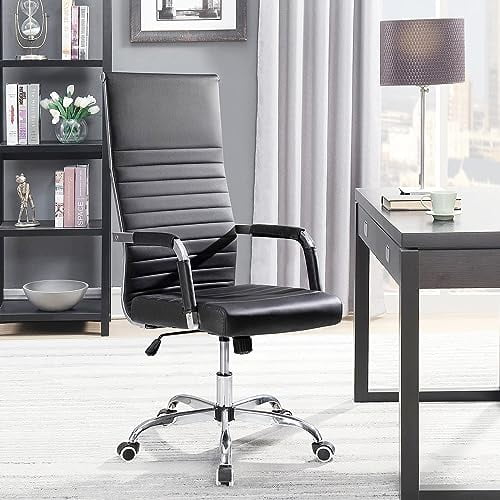 Furniwell Office Desk Chair High Back Ribbed Executive Computer Chair, Adjustable Swivel Rolling Leather Ergonomic Task Chair for Conference Room (Black)