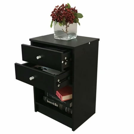 Black Nightstand Side End Table Bedside Storage Table Stand with 2 Drawer End Shelf
