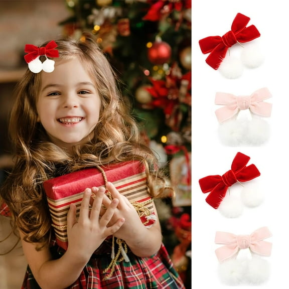 4 Pieces Christmas Red Baby Girls Chinese Style Hairy Furry Balls Velvet Bows Tassels Hair Clips Hair Bows Alligator Clips for Girls Infants Toddlers