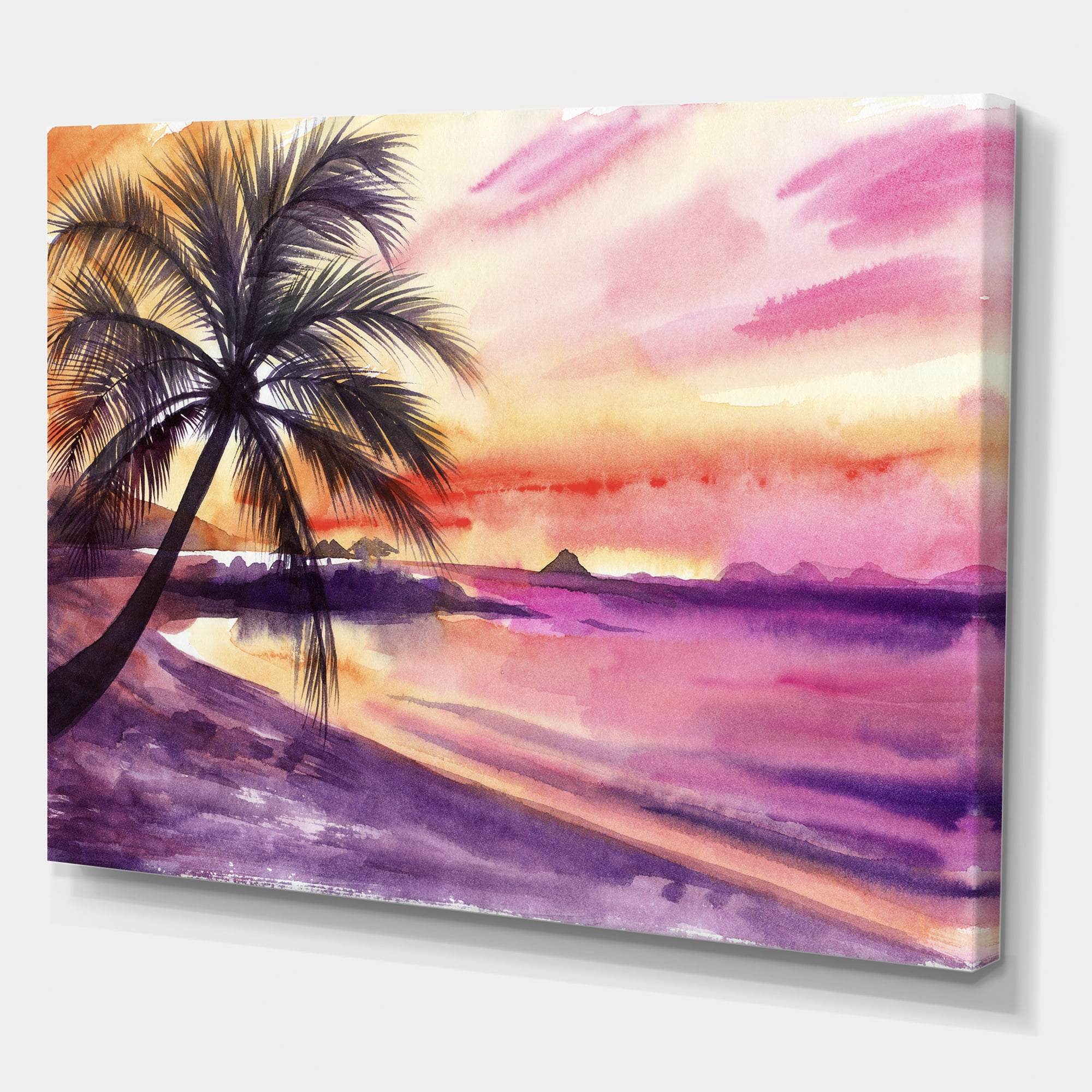 Designart ' Purple and Pink Palm Beach Sunset ' Nautical & Coastal Canvas Wall Art Print