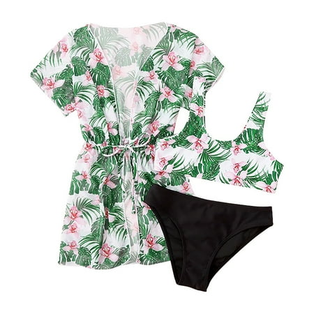 Akiihool Swimsuit Girls Girls Swimsuit V Neck Bikini Set Color Block with Cover Up 3Pcs Bathing Suits(Green 8-10 Years)