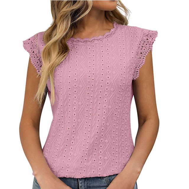 Clearance!Uooqdmx Lace Tops for Women, Eyelet Tops for Women, Fitted Shirts for Women, Solid Color Round Neck Lace Splicing Hollow T Shirt, Going Out Tops for Women, Pink L