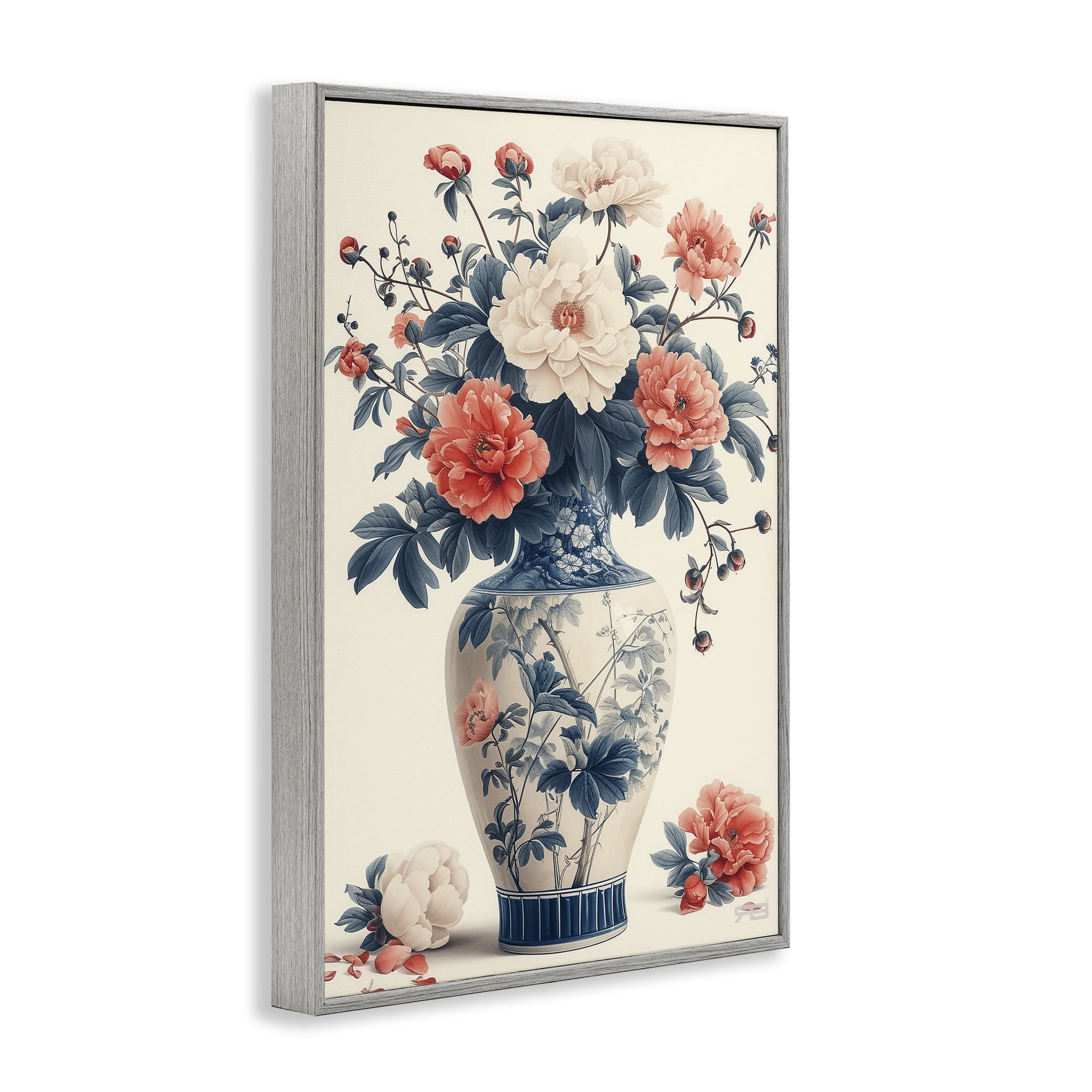 Stupell Industries Vintage Eastern Vase Botanical & Floral Painting Gray Framed Art Print Wall Art, 16 x 24
