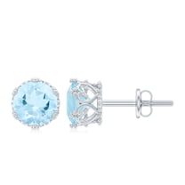 Rosec Jewels Real Aquamarine Solitaire Crown Stud Earrings with Screw Back - 6 mm - AAA Grade, 925 Sterling Silver