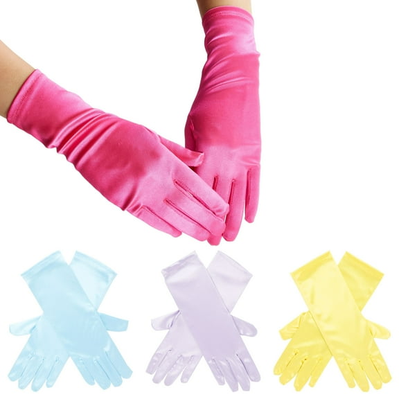 Juvale 4 Pairs of Satin Princess-Style Gloves For Little Girls Dress Up Costumes, Tea Party, Birthday, Wedding, Pageant (4 Colors), For Ages 3 