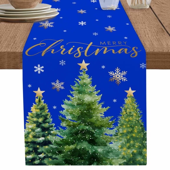 nqOlkjepod Christmas Tree Table Runner 48 Inches Long Farmhouse Dress Scarves, Winter Snowflakes Xmas Pine Tree Blue Dining Tablerunner for Coffee Table/Kitchen Island/Party Décor, 13" x 48"