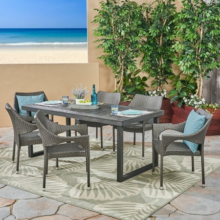 Amina Outdoor 7 Piece Acacia Wood Dining Set with Stacking Wicker Chairs Sandblast Dark Grey