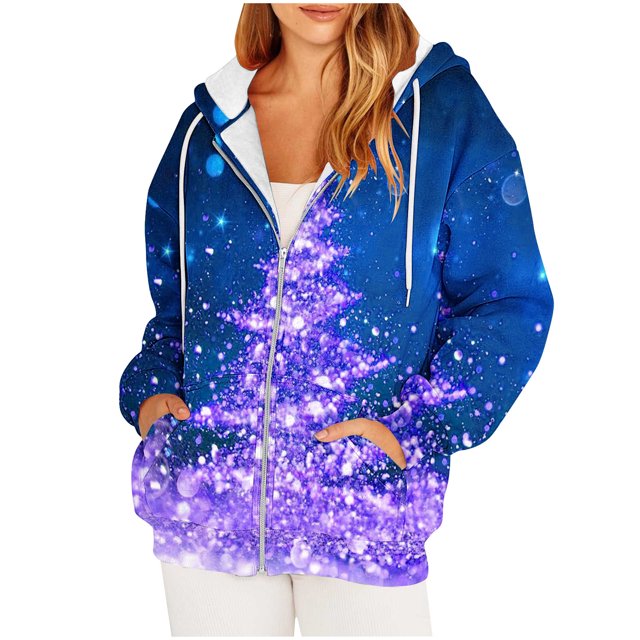 TIMIFIS Christmas Jacket Zip Up Hoodies for Women Jacket Sweatshirt Long Sleeve Fall Lightweight Tunic Sweatshirt Oversize Snowman Christmas Tree Print Jacket with Pockets Merry Christmas -