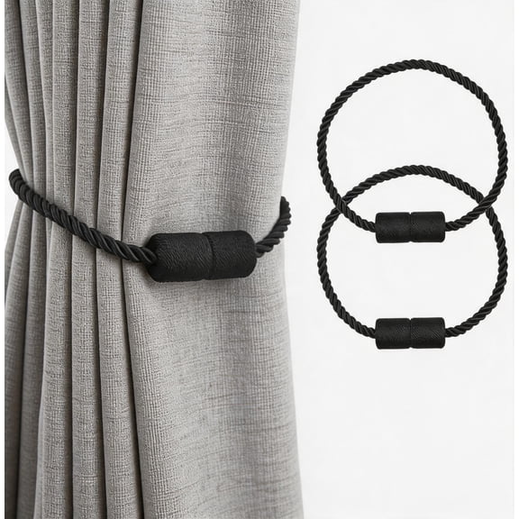 Magnetic Curtain Tiebacks, 2 Pack Black Modern Window Holdbacks, Strong Outdoor Indoor Decorative Drape Tie Backs Rope Holders for Draperies