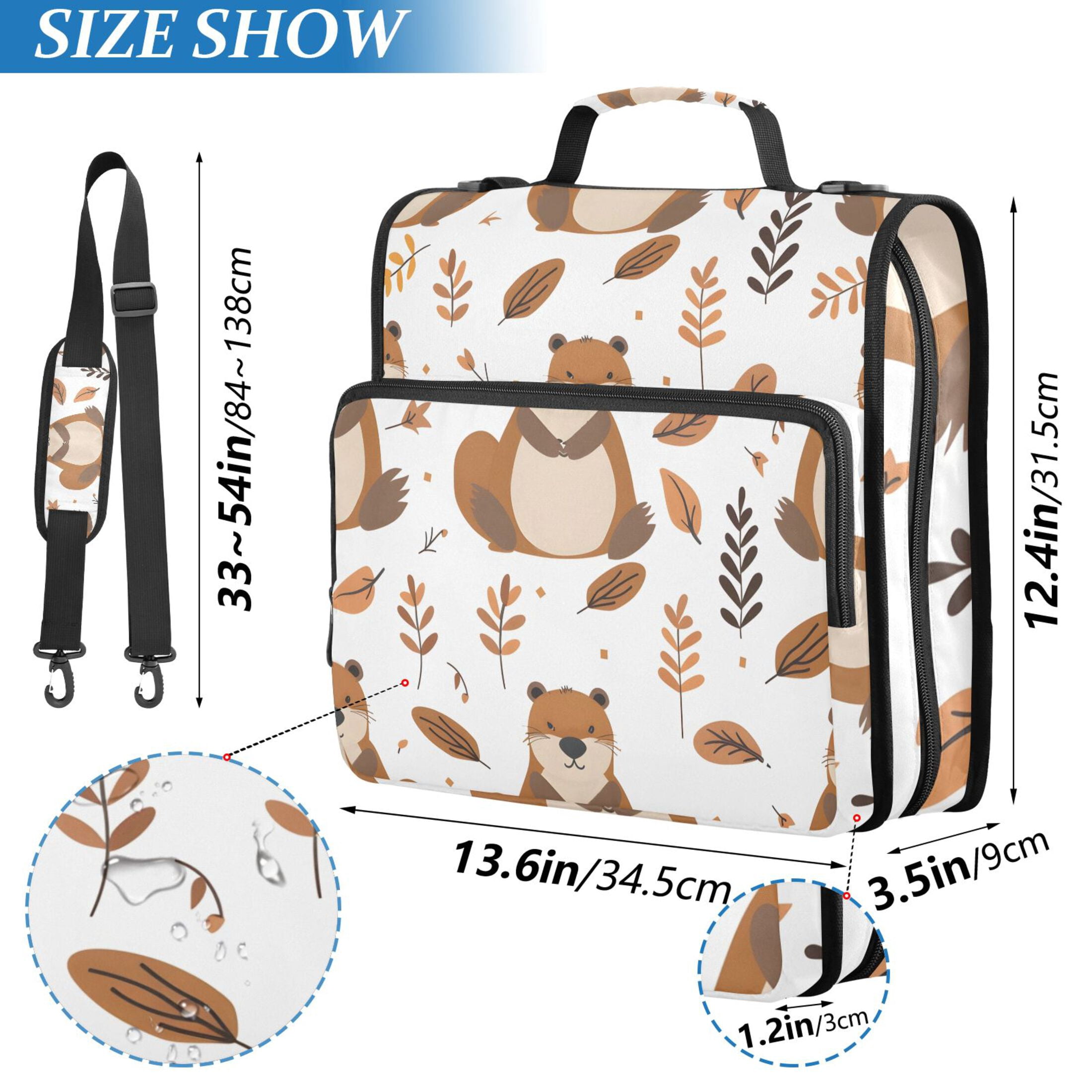 3 Ring Zipper Binder with Shoulder Strap Waterproof Trapper Keeper 2 Inch D-Ring 500 Sheets Capacity Cute Beaver and Leaf