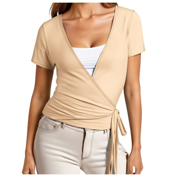 Gbsyewxs Womens Tops V Neck Short Sleeve Solid Color Yoga Sports Tie Side Summer T Shirts For Women Beige