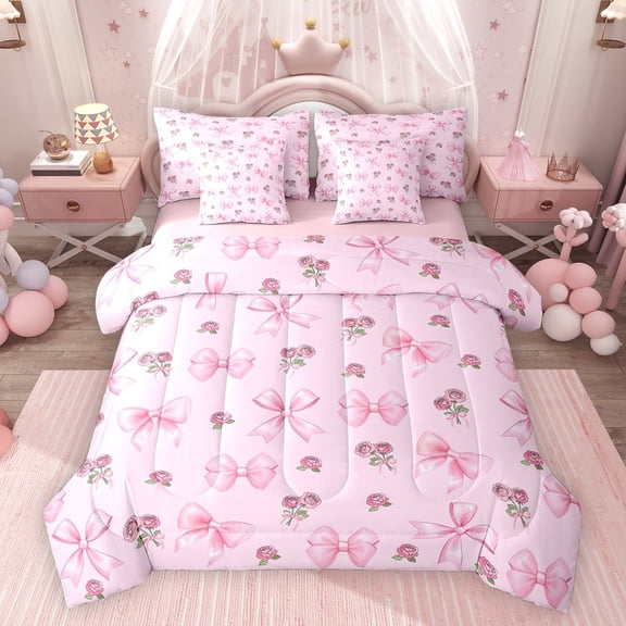 Feelyou Princess Cute Bow Twin Bedding Sets 7pcs, Romantic Pink Rose Bedding Comforter Set