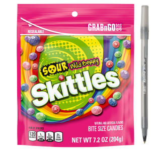 SKITTLES SOUR WILD BERRY GRAB AND GO 7.2 OUNCES PER BAG with pen