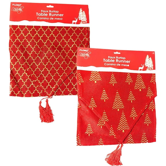 57" x 13" Christmas Faux Burlap Red Christmas Tree Contemporary Glitter Table Runner (Set of 2)