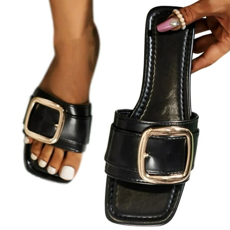 

ZIZOCWA Flat Bottom Women Slippers Summer Square Head Open Toe Pu Leather Buckle Flip Flops Outdoor Nonslip Flat Shoes Slides Vintage Black Size6.5