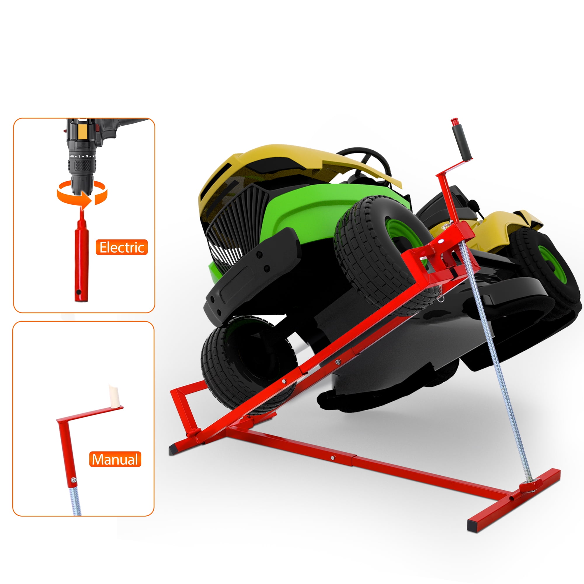 Heavy Duty Steel Riding Mower Li Ft, 880 Lbs Lawn Mower Li Ft Jack, Foldable Lawn Tractor Li Ft, Telescopic Maintenance Jack with Manual & Power Tool Handle for Lawn Mowers and Garden Tractors, Red