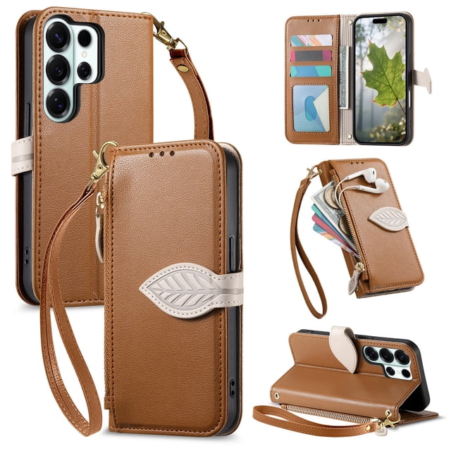 FOXDOCK Funda Tipo Cartera para Samsung Galaxy S26 Ultra, con Ranuras para Tarjetas, Soporte y Cremallera-marrón