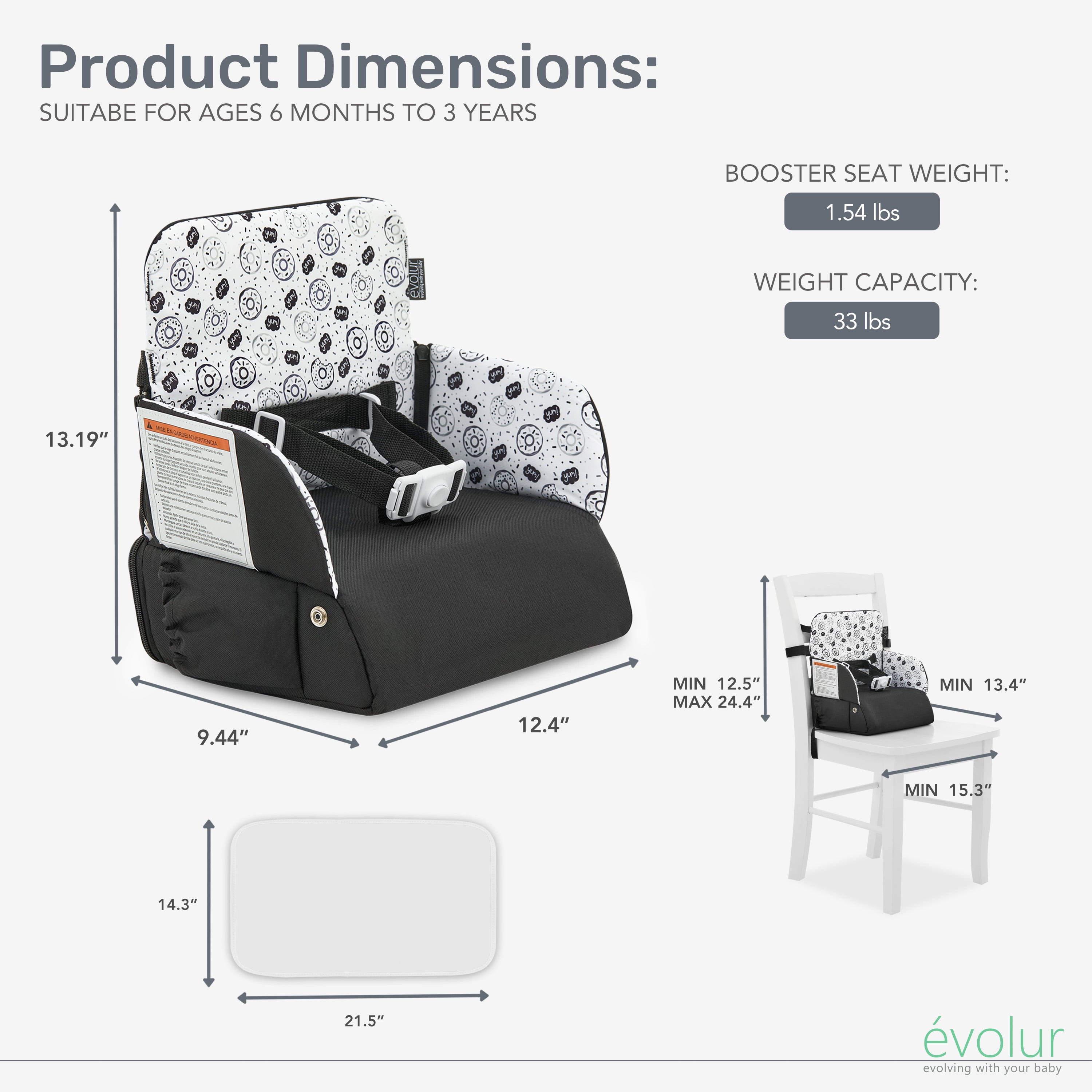 Evolur Snug Packsack 2-in-1 Portable Booster Seat and Travel Bag, Black And White