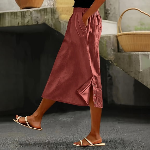 Women's Cotton Linen Midi Skirt Elastic Waist Side Button Split Pockets Solid Color Casual A-Line Mid-Calf Skirt 07-Vermilion XXL
