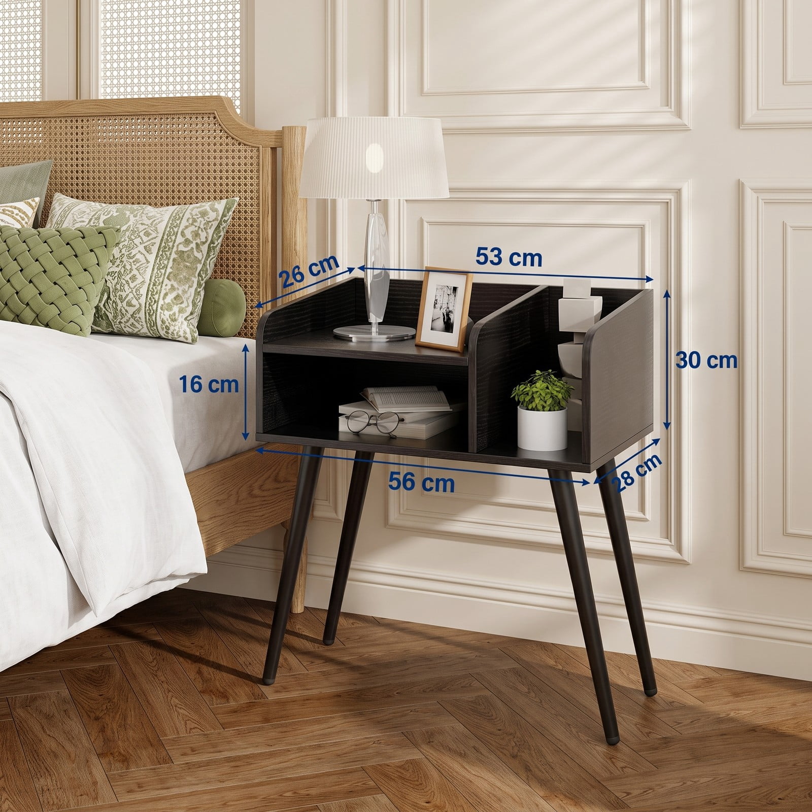 Furnibear Mid Century Modern Nightstand with Open Shelves and Metal Legs for Bedroom Living Room and Small Spaces as a Bedside End Table, Black