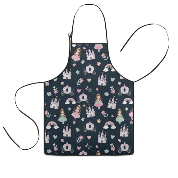 Dark Blue Princess Castle Pattern Kids Aprons for Girls and Boys,Adjustable Neck Strap Toddler Aprons for Kids Cooking Baking