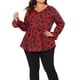 thumbnail image 1 of Blusa peplum de mujer plus size GRACE & GRANDEUR con estampado gráfico, con cinturón, de manga larga y escote en V, talla 2X, color rojo, 1 of 1
