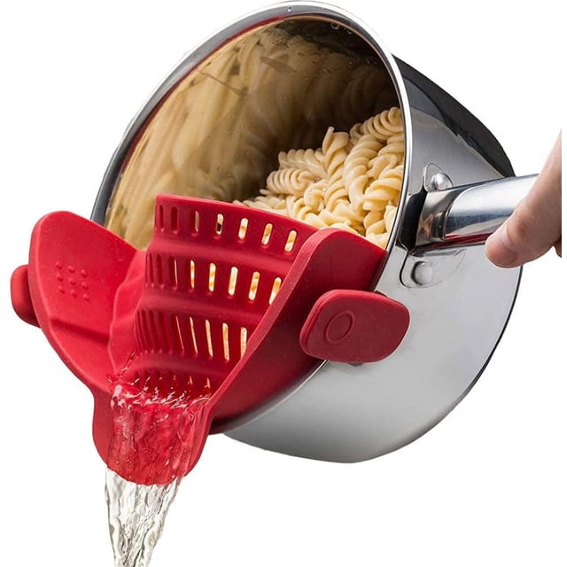 Colador de silicona con clip para todas las ollas y sartenes, colador de pasta, colador de alimentos con clip para carne, verduras y frutas, colador de cocina de silicona (rojo)
