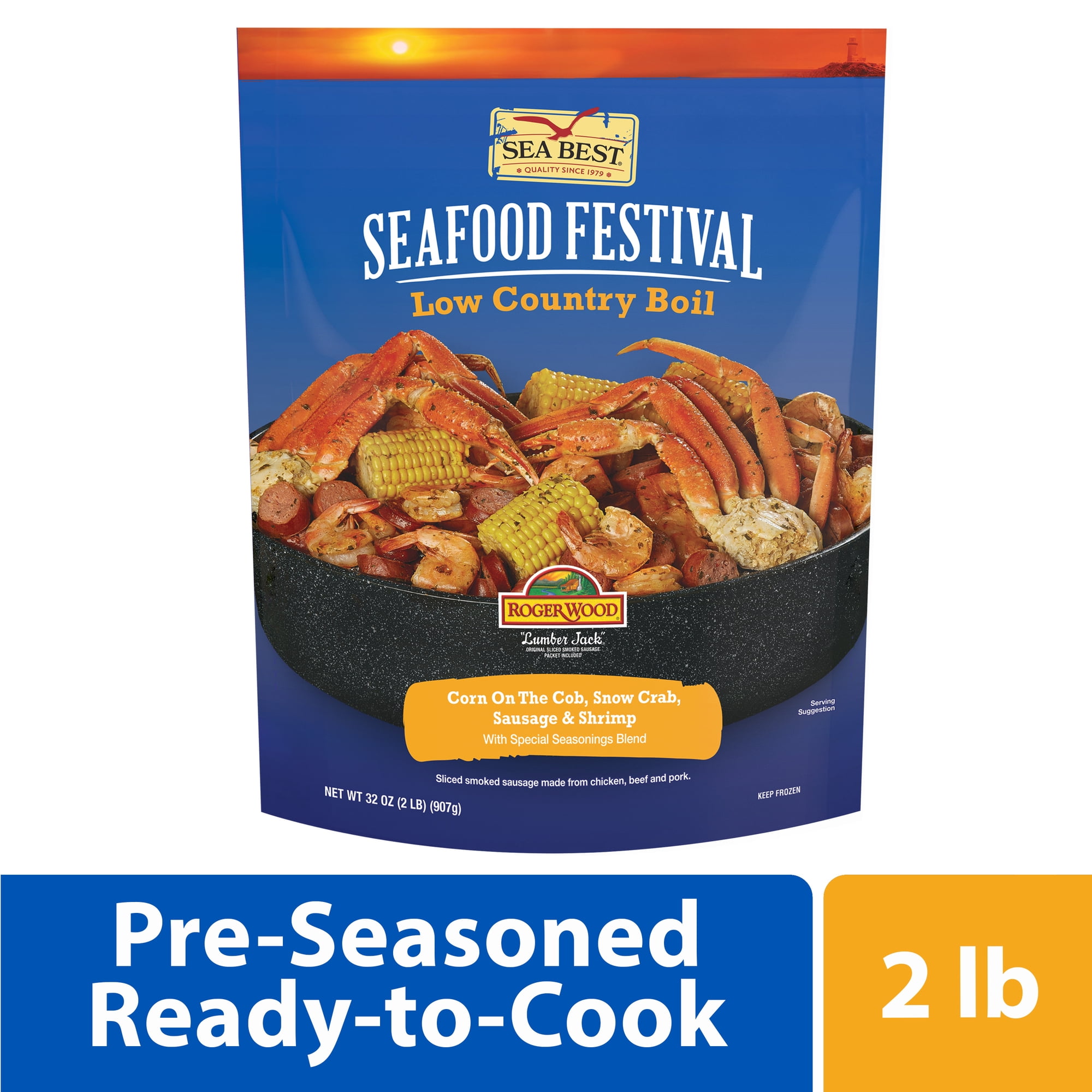 Sea Best Low Country Boil, 2 lb, Shrimp, Sausage, Snow Crab and Corn, (Frozen) Gluten-Free Contains Snow Crab, Shrimp. Milk, Corn.