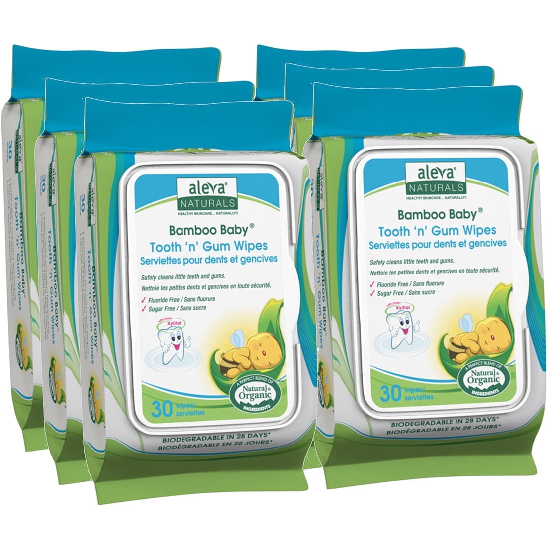 Aleva Naturals Bamboo Baby Tooth 'n' Gum Wipes, 180 Count (6 Packs of 30)
