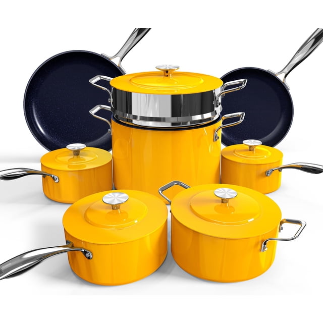 Juego de utensilios de cocina ligeros forjados Nuwave Lux de 13 piezas, libre de PFAS, con revestimiento cerámico Duralon G10 saludable, mangos ultra antiadherentes que se mantienen fríos, apto para t
