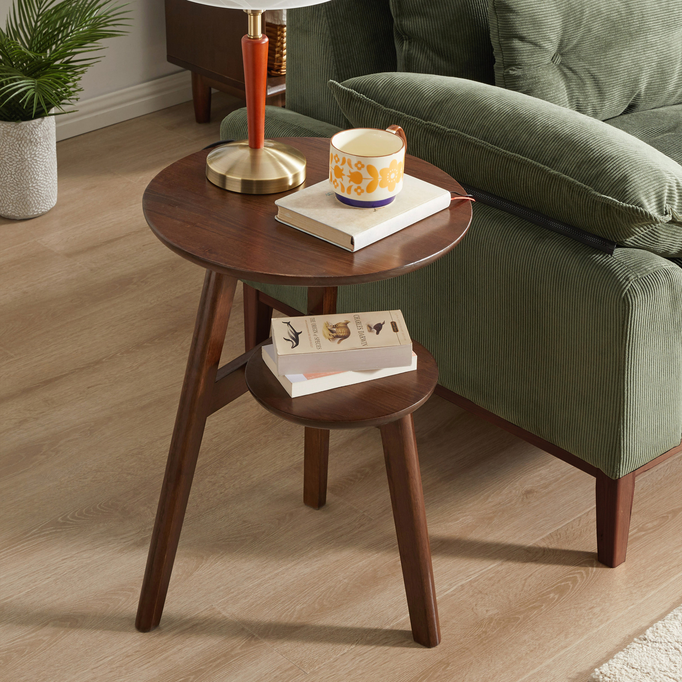 Noble House Round End Table with 2-Tier Storage Shelf, Small Side Table for Living Room or Bedroom, Walnut