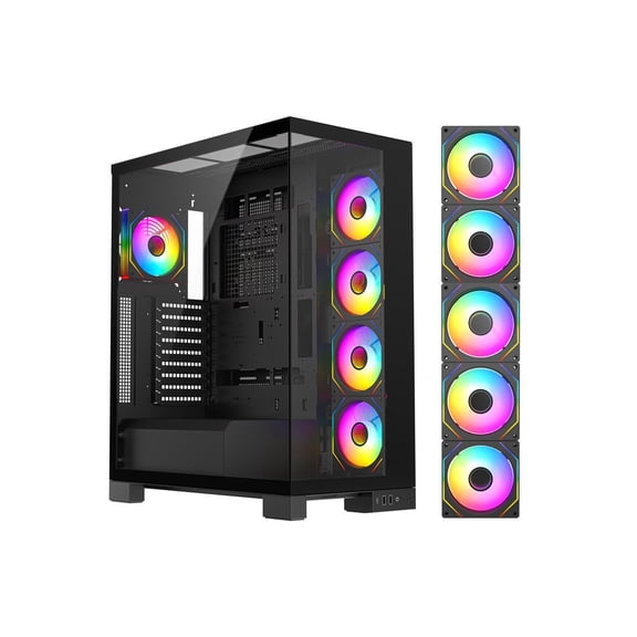 DIYPC  Vanguard-F2-Pro Black Dual USB3.0 and Type C Tempered Glass ATX Full Tower Gaming Computer Case w/ 5 x 120mm ARGB PWM Fans (4 x MB Side, 1 x Rear) Pre-Installed. Support BTF Back Plug MB.