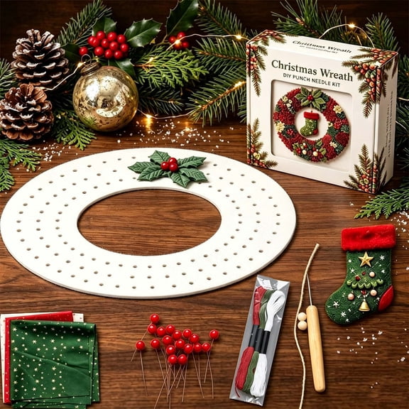 MYUNNIL Christmas Wreath Fabric Poke Art Kit, 3D Complete Handmade No-Sew Sock Themed Hanging Decorative Wreath Craft Set for Adults & Beginners
