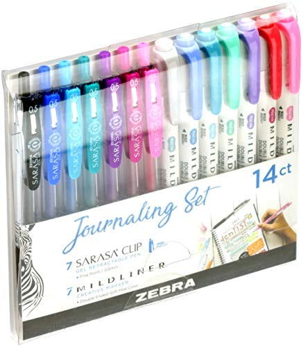 Includes 7 Mildliner Highlighters and 7 Sarasa Clip Retractable Gel Ink Pens 14 Pack Assorted Colors Zebra Pen Journaling Set