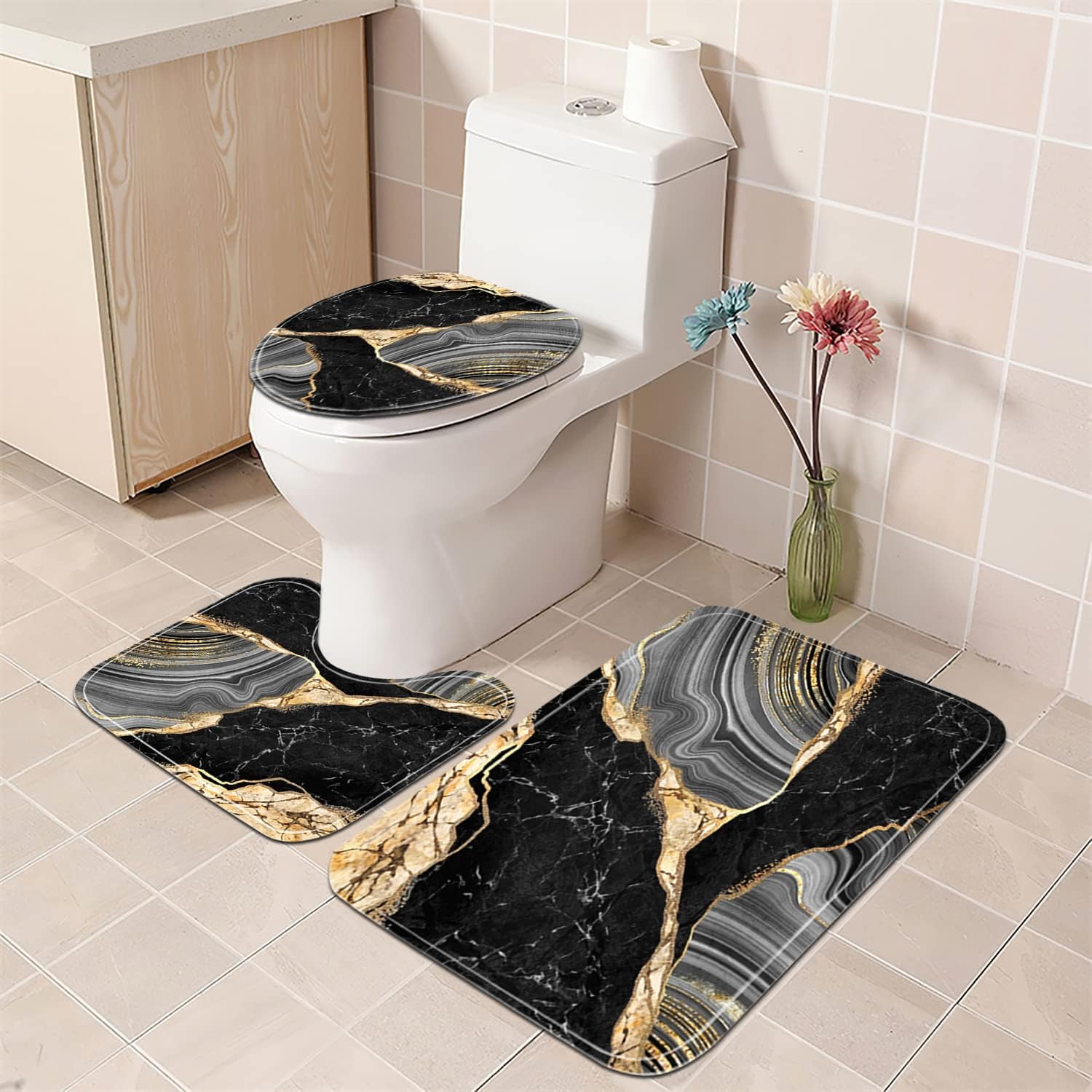 4 Pcs Black Marble Shower Curtain Sets with Rugs Gold Bathroom Sets with Shower Curtain and Rugs Modern Abstract Bathroom Decor Accessories Shower Curtains for Bathroom Toilet Lid Cover