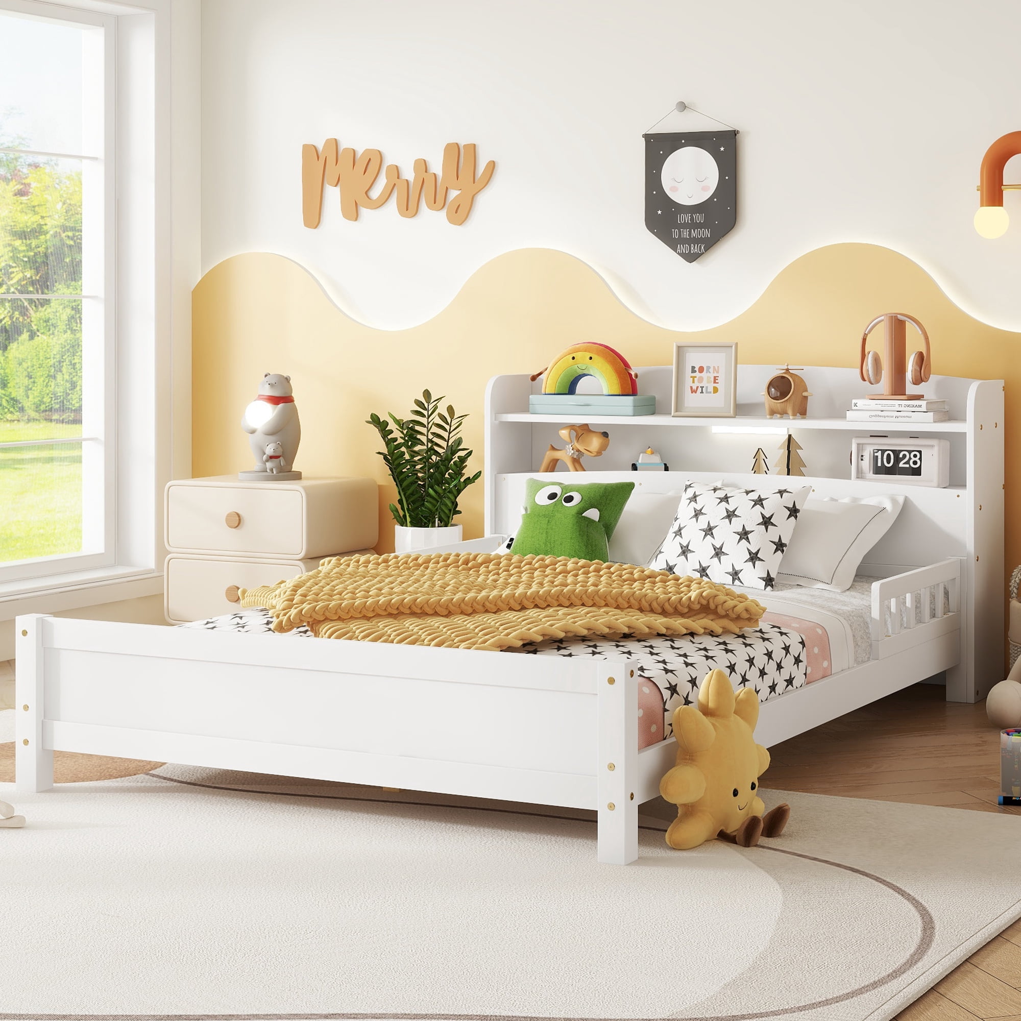 Leumius Full Pine Wood Bed with Bookcase Headboard, LED Motion Sensor Light, Guardrails for Boys Girls White