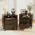 thumbnail image 2 of 18" Wide Fluted Nightstand Set of 2 with Charging Station Modern Wood Bedside Table with 2 Drawers and Open Shelf, Mid Century End Table for Bedroom Living Room Office, Walnut, 2 of 10