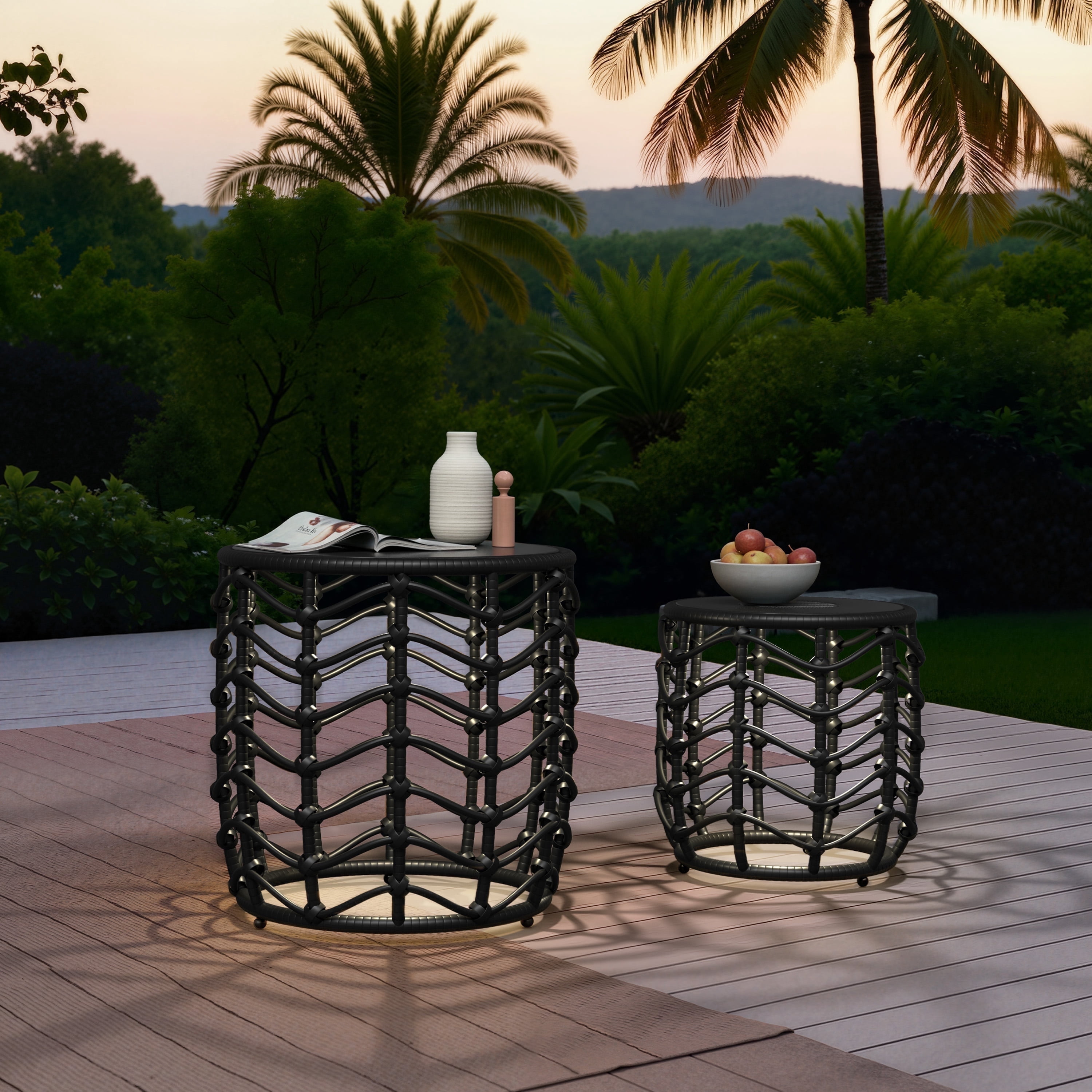 EVERITE Outdoor Side Table Modern Boho Style with Built-in Solar Lights Wave Wicker End Tables Set of 2,Black