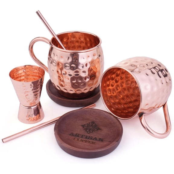 Artisan Copper Moscow Mule Copper Mugs Set of 2 (16oz) w/ 2 Straws, 2 Wooden Coaster & 1 Jigger Authentic Handcrafted Hammered Mugs Tarnish-Resistant Food Grade Lacquered
