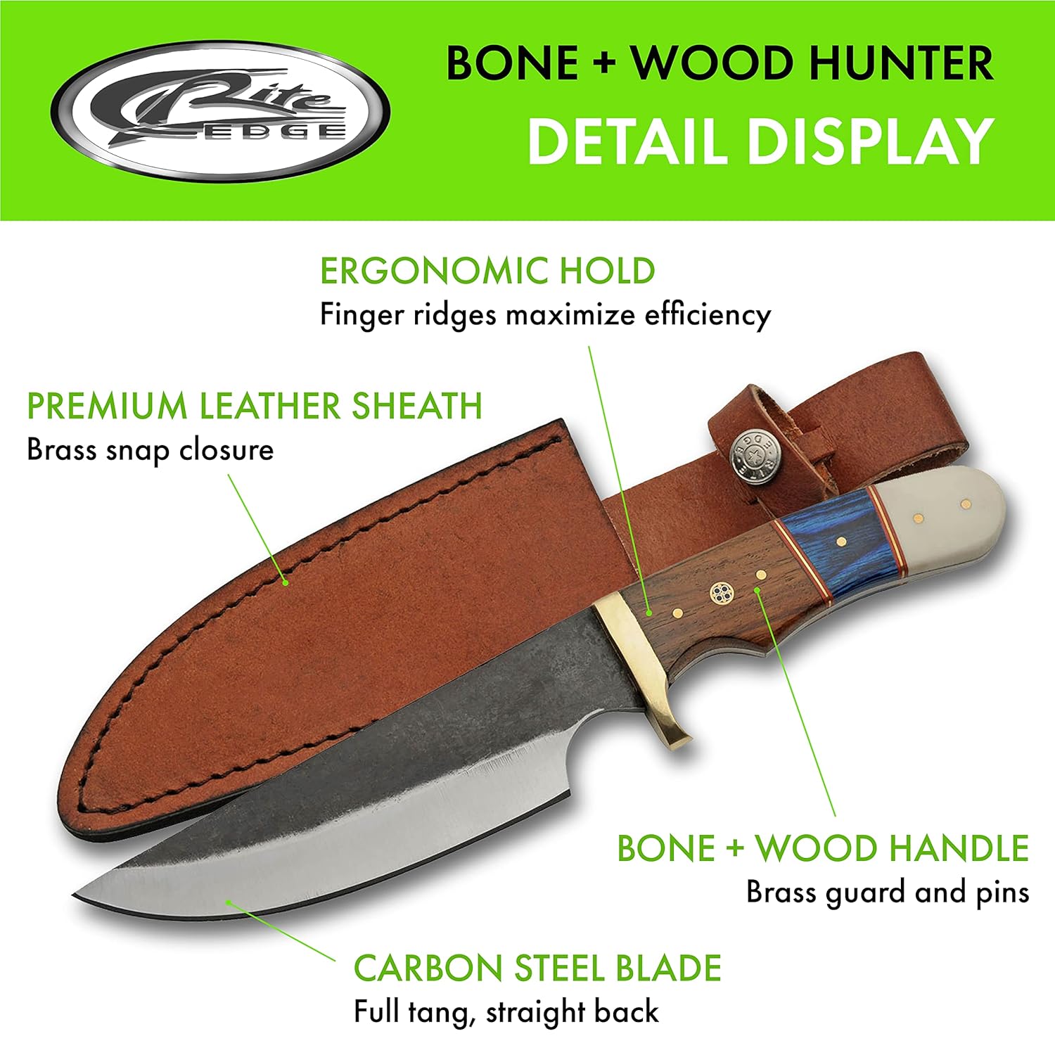 SZCO Supplies 10.5” Bone and Wood Handle Outdoor Fixed Blade Utility Knife with Leather Sheath