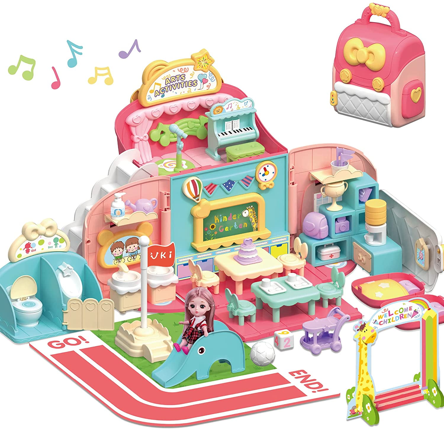 Kids Dollhouse Playset, Girls Pretend Play Doll House School Set W