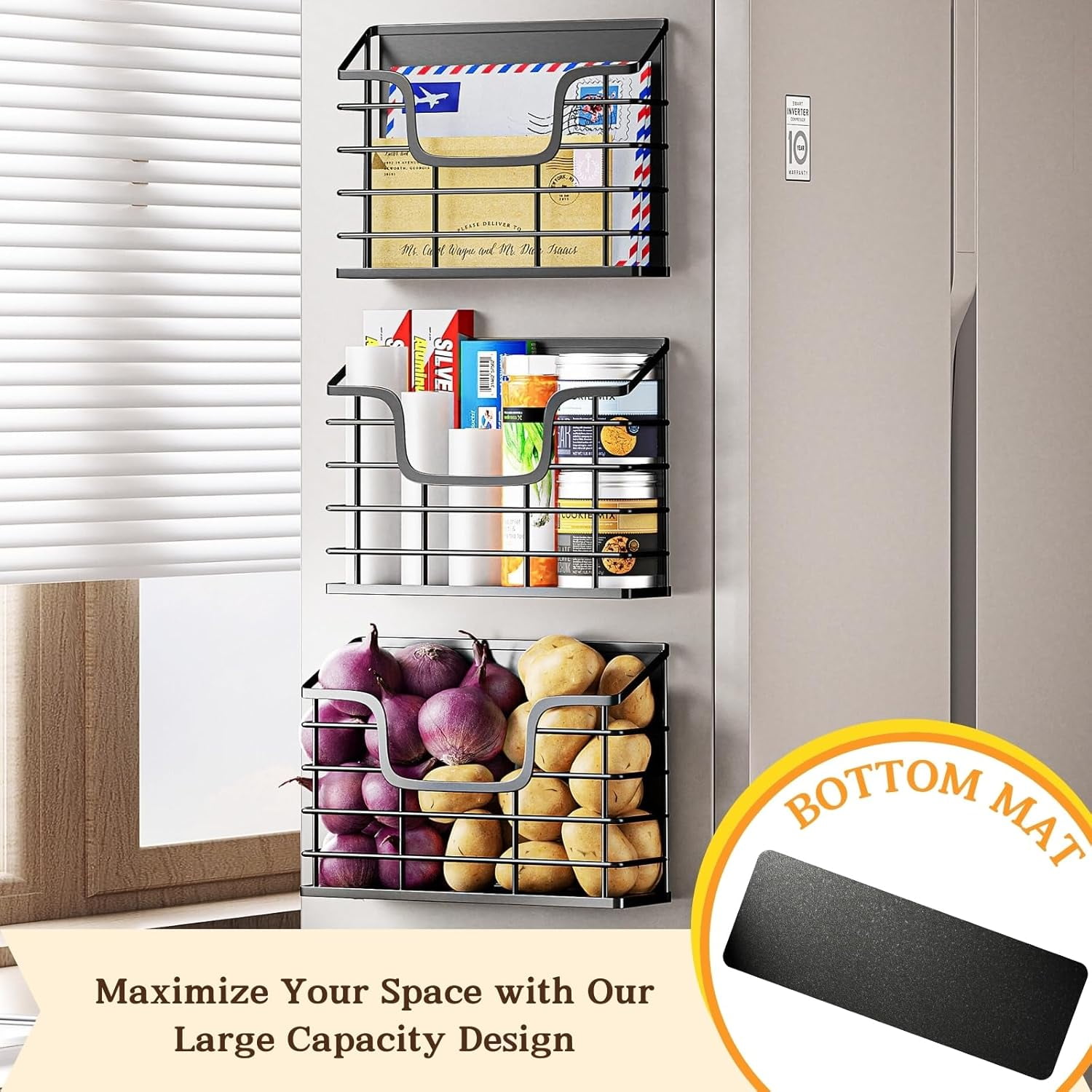 Magnetic Shelf for Fridge, 3 Pack Metal Fridge Organizer Baskets, Magnetic Cup Holder for Refrigerator, Fruit & Snack Storage, Magnetic Bin for Potatoes, Letters, Magazines, Kitchen & Laundry Room