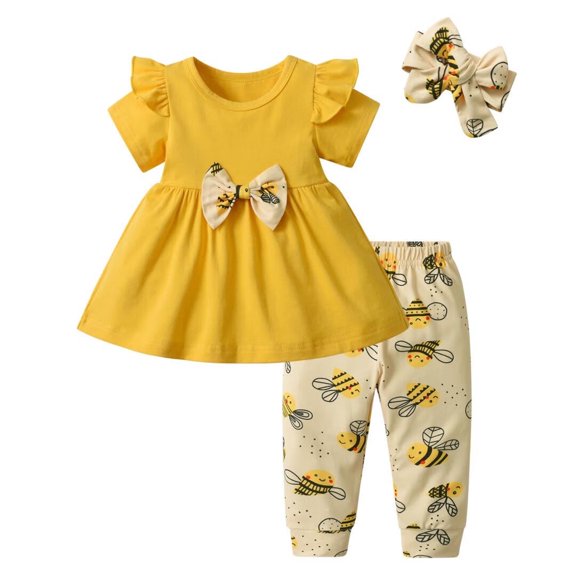 Infant Baby Girl Clothes Solid Color Short Sleeve Ruffle Tops Pants Headband Outfits Set (12-18 Months, Yellow)
