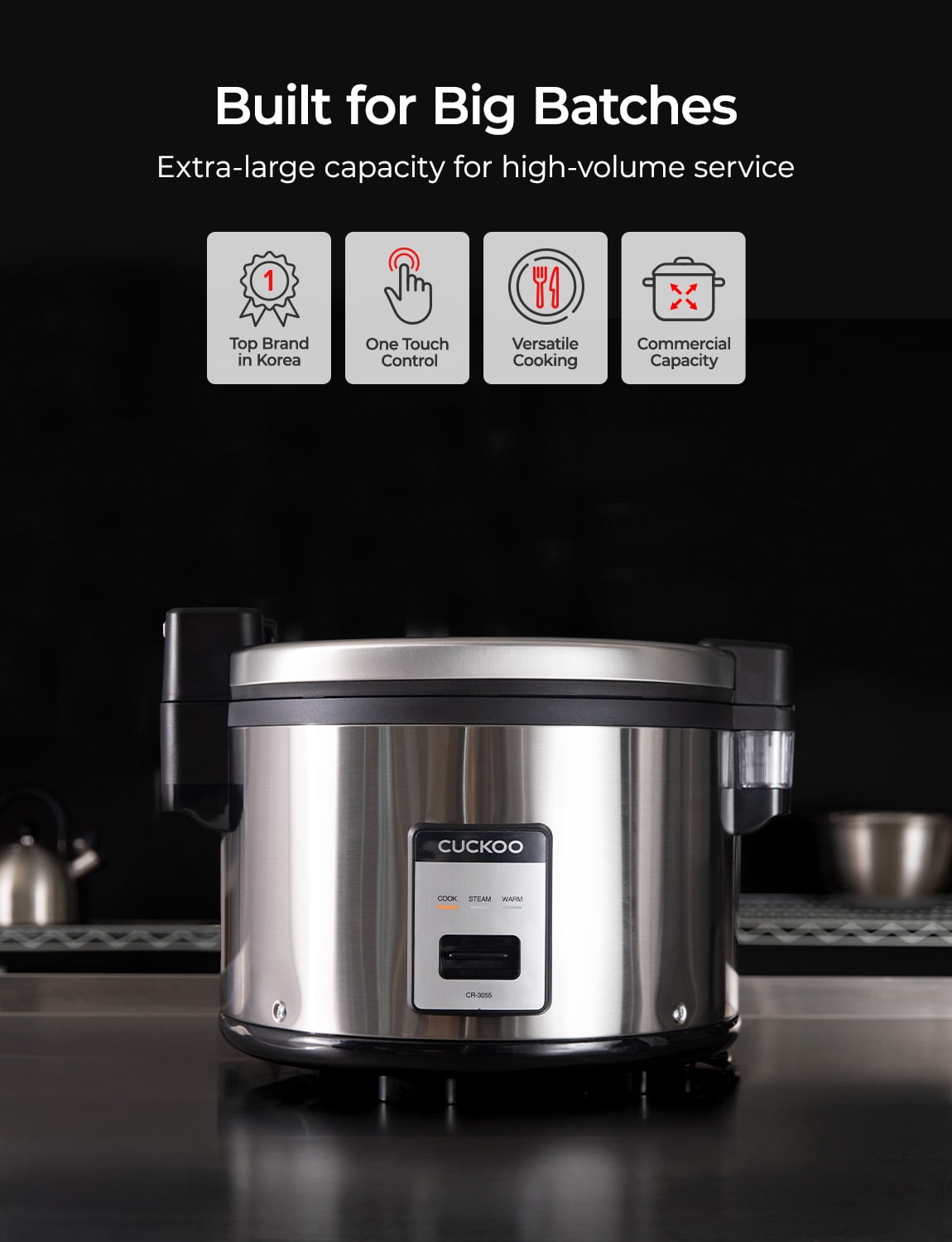 CUCKOO Commercial Rice Cooker & Warmer, Extra Large Rice Cooker 30-Cup Uncooked / 60-Cup Cooked, Professional Industrial Grain Cooker with Large Capacity, Easy One-Touch Operation, Silver (CR-3055)