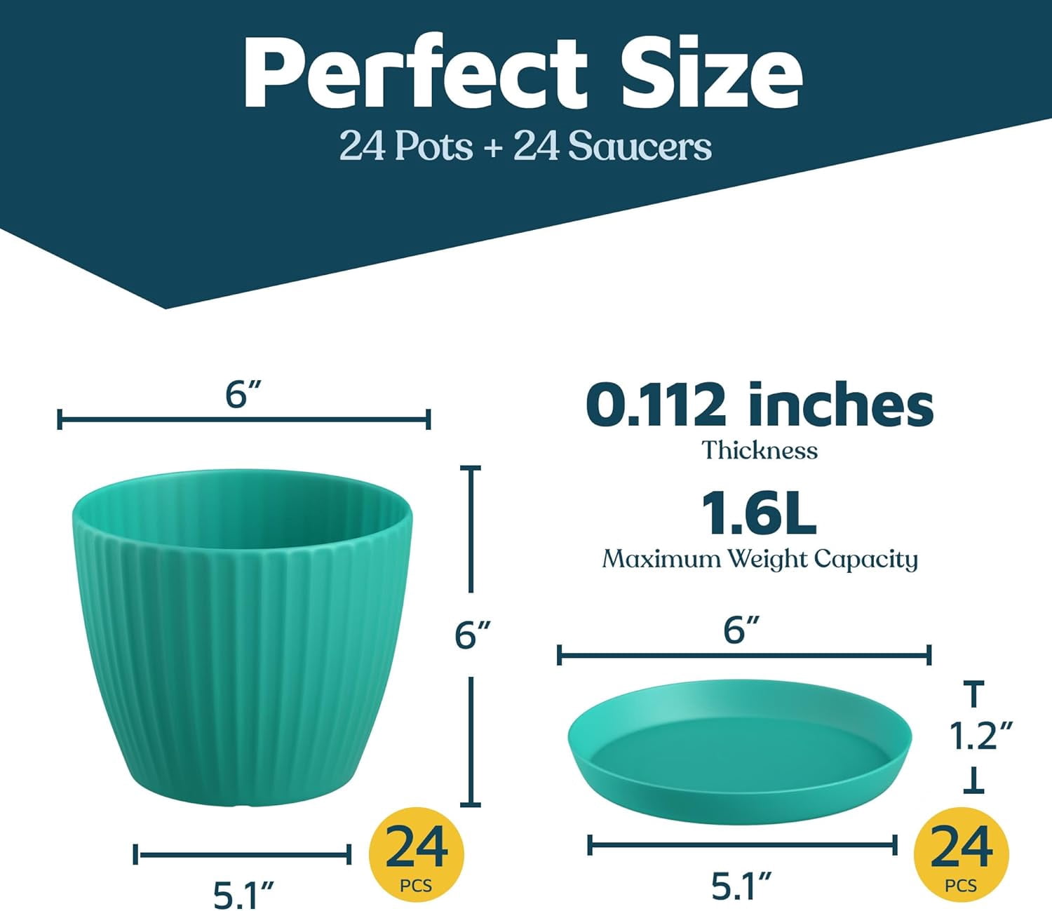 Aqua 6-Inch Plant Pots with Drainage & Saucers 24 Pack, Indoor & Outdoor Planters for Houseplants, Herbs, and Flowers, Durable & Weatherproof Material, Stackable, Lightweight, Minimalist Design
