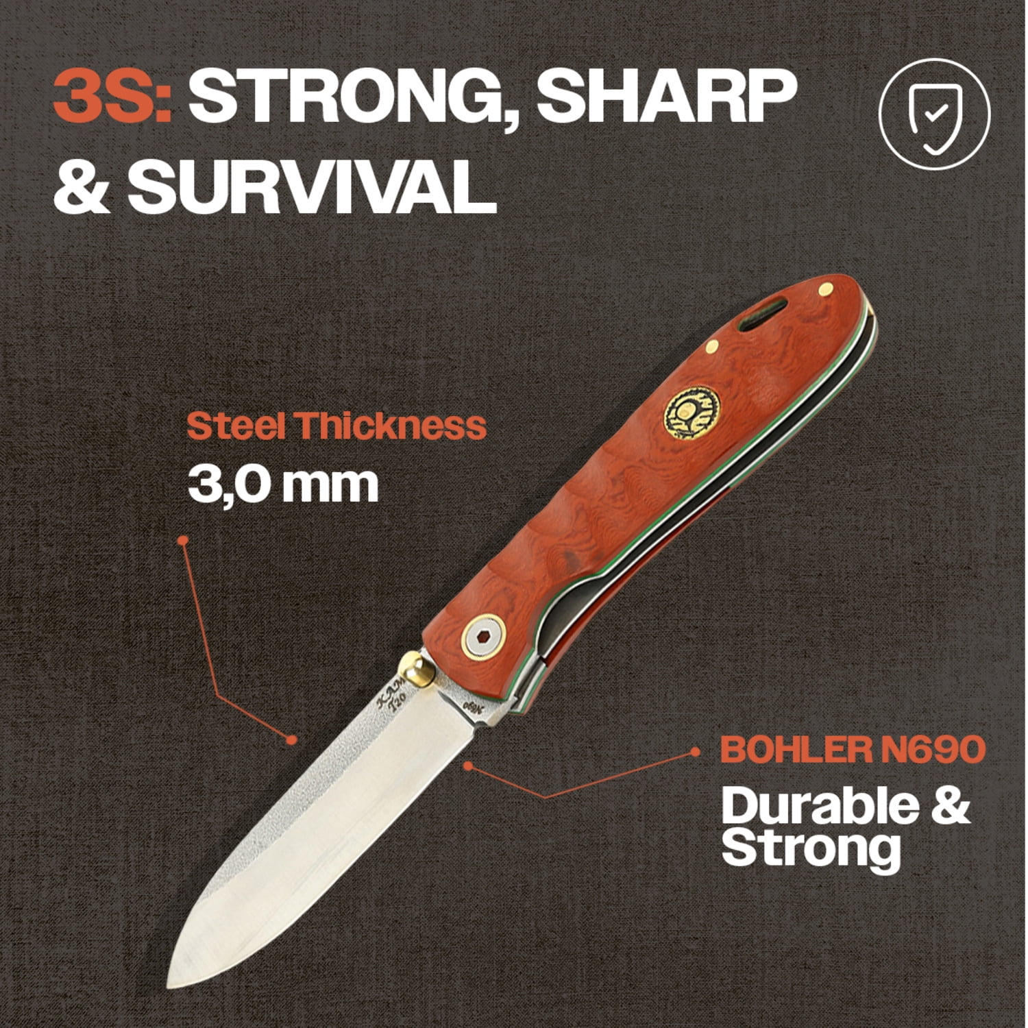 Kam Knife - Folding Knife BÖHLER Stainless Steel N690 with 3.14" Blade EDC Knife; Micarta Handle Camping Knife; Small Hunting Knife Perfect for Outdoors and Hiking