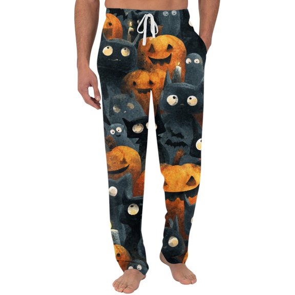 ASDFVBKG Halloween Themed Men's Casual Pajama Pants with Drawstring Elastic Waist, Comfortable Sleepwear Loose Fit for Lounge, Yoga, and Home Wear, Fun Print Design Black L